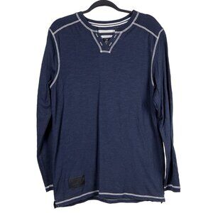 Zimego Shirt M Mens Long Sleeve Blue VNeck White Stitching Cotton Blend Casual